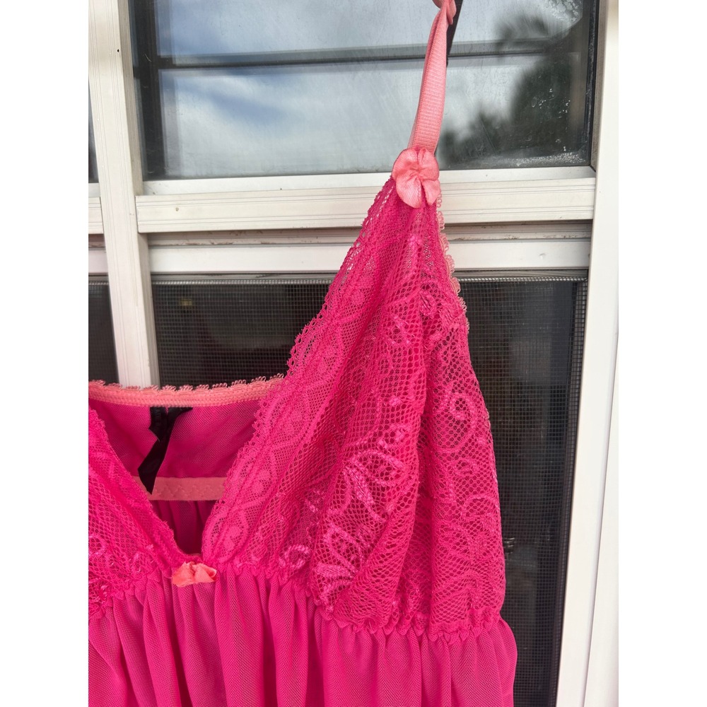 Petit Noir Hot Pink Lace Mesh Babydoll Chemise Lingerie Nightie Bow Coquette S - Picture 7 of 13